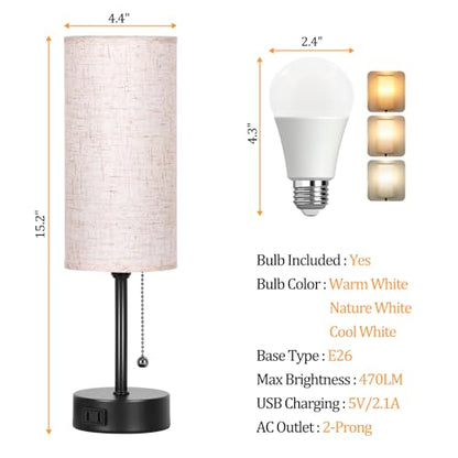 Bedside Table Lamp for Bedroom,Small Lamps for Night stands with Pull Chain | 3-Color Bedroom Table Lamps Desk Reading Light AC Outlet Nightstand Lamp for Living Room Decor/Dorm/Office Bulb Included