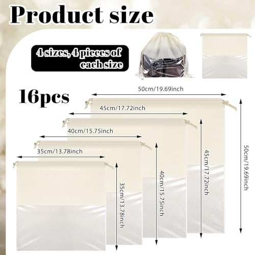 16 PCS Purse Dust Bags for Handbags Dustproof Drawstring Storage Bag with Clear Window, Non Woven Fabric Travel Shoe Storage Bag Beige Dust Cover Fabric Handbag Pouch Covers with Assorted Sizes