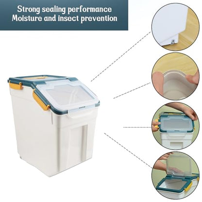 2 Pack Rice Storage Container with Measuring Cup 50 lb Flour Storage Container with Wheels, BPA Free Food Storage Container Dog Cat Food Bin Set for Dry Food Sugar, Cereal(Blue)