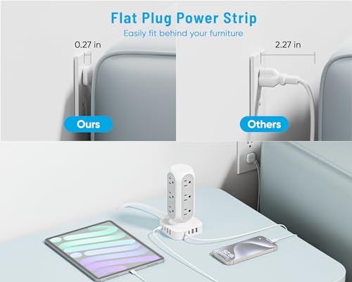 Flat Plug Power Strip Tower, TenTrend 40W Total Fast Charging Station, 10FT | 12 AC Outlets & 8 USB Ports (4 USB C), Dual PD 20W, Long Extension Cord for Desk Office Dorm Room