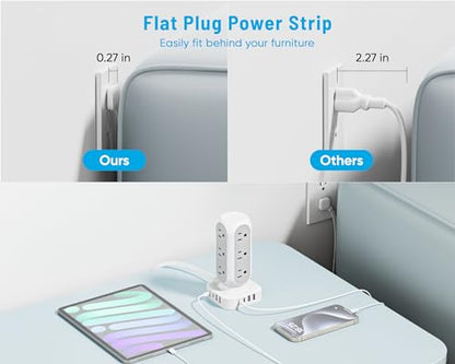 Flat Plug Power Strip Tower, TenTrend 40W Total Fast Charging Station, 10FT | 12 AC Outlets & 8 USB Ports (4 USB C), Dual PD 20W, Long Extension Cord for Desk Office Dorm Room