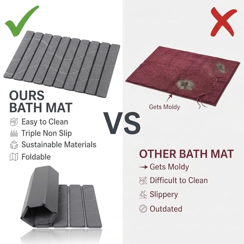 Foldable Stone Bath Mat, Non Slip Large Diatomaceous Shower Mat, Super Absorbent Quick Drying Stone Mat for Bathroom Kitchen Floor Counter Sink,Easy to Clean & Store (24" x 16" Dark Gray)