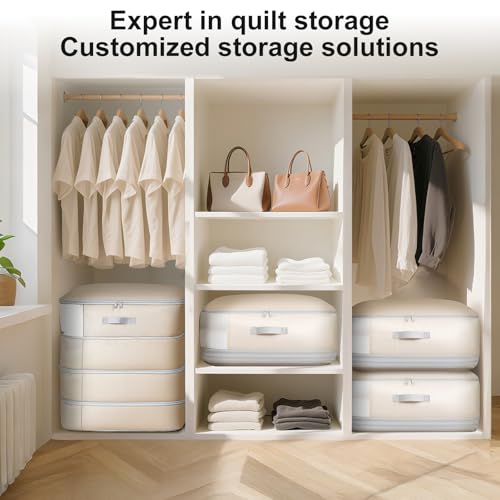Comforter Storage Bag - 130L Large Capacity Blanket Storage Bags 4-Layer Ultra Space Saving Self Compression Organizer, Washable Compression Bags for Storage Comforter Blanket, 2-Pack, Beige