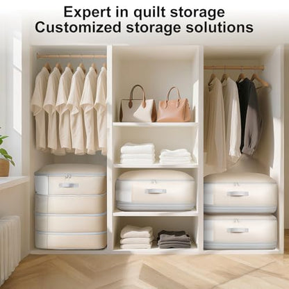 Comforter Storage Bag - 130L Large Capacity Blanket Storage Bags 4-Layer Ultra Space Saving Self Compression Organizer, Washable Compression Bags for Storage Comforter Blanket, 2-Pack, Beige