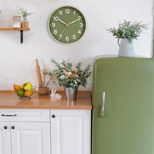 Roymnie 10 Inch Wall Clock Battery Operated Silent Non Ticking Green Analog | Green & gold modern analog; large 3D easy-read dial for kitchen, office, bathroom & bedroom; 1 AA battery (not included)