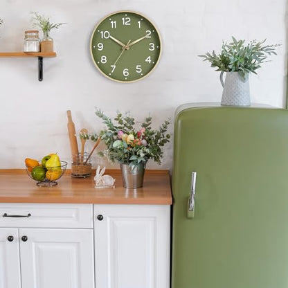 Roymnie 10 Inch Wall Clock Battery Operated Silent Non Ticking Green Analog | Green & gold modern analog; large 3D easy-read dial for kitchen, office, bathroom & bedroom; 1 AA battery (not included)