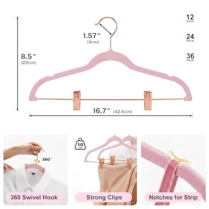 HOUSE DAY Pants Hangers with Clips 24 Pack, with Rose Gold Hook and Clips | Non Slip Velvet Flocked, Swivel Hook, Space Saving, Rubber Padded Clips, For Pants, Skirt, Shorts, Coat, Outfit - Pink