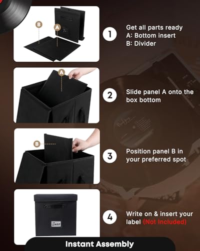 Uniclife Vinyl Record Storage Box with Lid & Handles | Collapsible, Splash-Resistant Album Storage Crate for 80 Single Records (12"), Black, 13" × 13" × 13"
