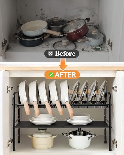HULISEN Pots and Pans Organizer Under Cabinet, 2-Tier Expandable Pot Rack | 10 Dividers for Lid Separation, 5-Level Adjustable Height, Kitchen Cookware Pan Holder Shelf, Carbon Steel Frame