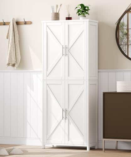 63''H Tall Bathroom Storage Cabinet Adjustable Shelf White | Floor Cabinet with Barn Doors, Adjustable Shelf, Linen Pantry Cabinet for Kitchen, Laundry Room, Living Room, Entryway