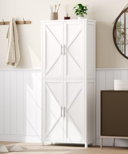 63''H Tall Bathroom Storage Cabinet Adjustable Shelf White | Floor Cabinet with Barn Doors, Adjustable Shelf, Linen Pantry Cabinet for Kitchen, Laundry Room, Living Room, Entryway