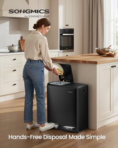 SONGMICS Trash Can, Double Compartment Garbage Can, Stainless Steel | 2 X 8 Gallon (2 x 30 L) for Recycling, with 15 Liner Bags, Soft-Close Lids, Removable Buckets, Black ULTB160BZ01