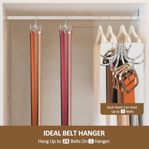 2 Pack Belt Hanger, Belt Organizer for Closet 360° Rotatable | Heavy-Duty Metal Belt Holder with 16 Hooks, Holds Up to 48 Belts, Hanging Belt Storage Rack for Closet, Space Saving