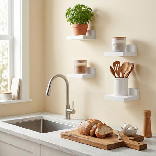 Fixwal Small Floating Shelves for Wall Decor (5Inch, Wood, White, Set of 4) | Rustic wood shelf for displaying mini frames, plants, collectibles. Fits bedroom, living room, bathroom, kitchen, or office.