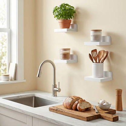 Fixwal Small Floating Shelves for Wall Decor (5Inch, Wood, White, Set of 4) | Rustic wood shelf for displaying mini frames, plants, collectibles. Fits bedroom, living room, bathroom, kitchen, or office.