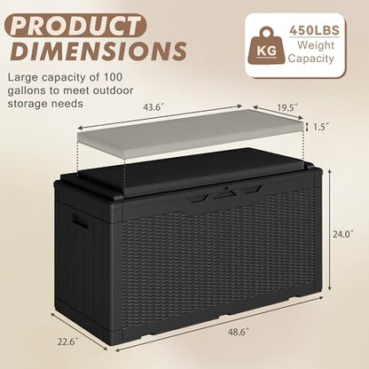 Devoko 100 Gallon Deck Box Waterproof Outdoor Storage Box with Cushion | Resin Large Outdoor Storage Bench Cabinet Lockable for Outside, Patio Furniture, Garden Tools