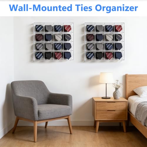 2 Pack Tie Box Organizer Wall Mounted Tie Rack Clear Acrylic with 16 Compartments, Tie Holder for Drawer Tie Organizer for Men Belt Scarf Necktie Storage for Closet and Home