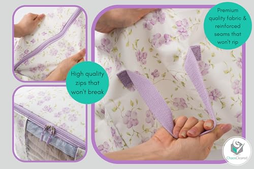 Canvas Storage Bags Designer Organizer 2 Pack – Seasonal Storage for Sweaters, Blankets, Linens & Garments – Foldable Design with Zip & Window (Purple Floral Print)