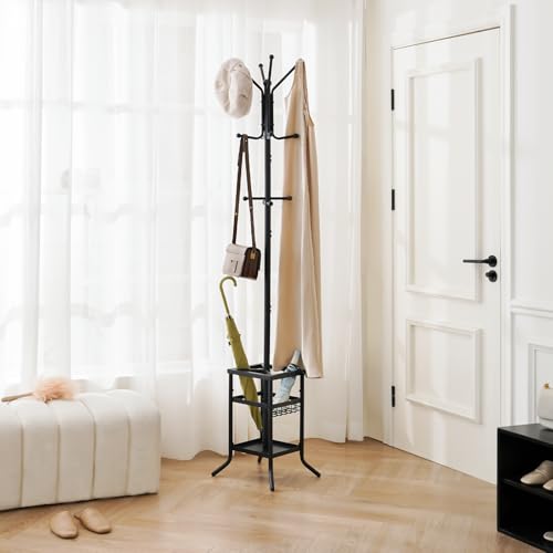 Yoobure Coat Rack Freestanding - Coat Tree with Umbrella Holder, Metal Coat Rack Stand with 12 Hooks, Modern Coat Hanger Stand for Entryway, Purse Rack Hat Rack Stand for Living Room Bedroom Office