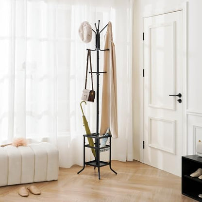 Yoobure Coat Rack Freestanding - Coat Tree with Umbrella Holder, Metal Coat Rack Stand with 12 Hooks, Modern Coat Hanger Stand for Entryway, Purse Rack Hat Rack Stand for Living Room Bedroom Office