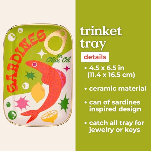ban.do Novelty Ceramic Trinket Tray, Sardines | 6.5" x 4.5" Jewelry Dish, Small Decorative Tray for Keys or Decor, Cute Food Theme Catchall Tray with Gold Foil