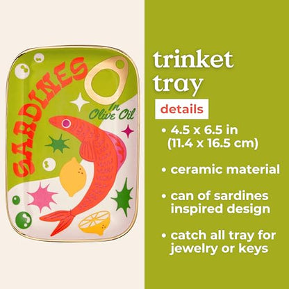 ban.do Novelty Ceramic Trinket Tray, Sardines | 6.5" x 4.5" Jewelry Dish, Small Decorative Tray for Keys or Decor, Cute Food Theme Catchall Tray with Gold Foil