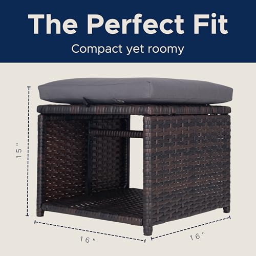 Outdoor Storage Ottoman (Set of 2) - All-Weather Wicker Patio Footstool with Washable Cushions - Sturdy Rattan Foot Rest & Hidden Box for Deck, Porch, Backyard & Balcony