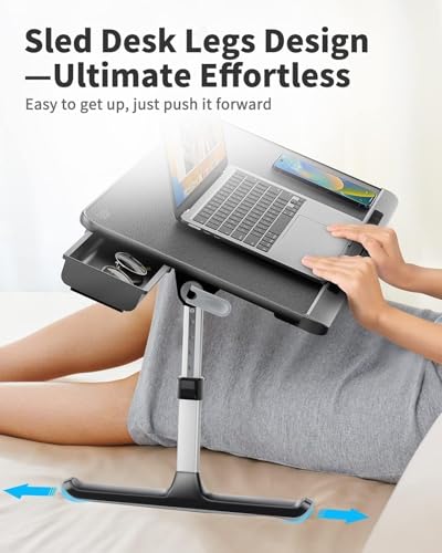 SAIJI Laptop Bed Tray Table - Adjustable Lap Desk for Couch (Dark Black) | Fits 17" Laptop, Work From Home & Dorm Study, with Storage Drawer & PVC Leather