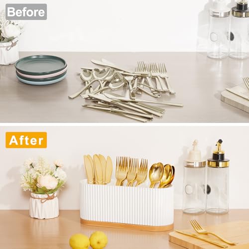 HouseJoy White Countertop Silverware Holder: Cutlery Caddy w/3 Compartment | Large Size-Easy Clean-Anti-slip-Kitchen Utensil Holder-Ideal for Fork/Spoon/Knife/Pen Pencil-Silverware Caddy Organizer