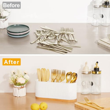 HouseJoy White Countertop Silverware Holder: Cutlery Caddy w/3 Compartment | Large Size-Easy Clean-Anti-slip-Kitchen Utensil Holder-Ideal for Fork/Spoon/Knife/Pen Pencil-Silverware Caddy Organizer