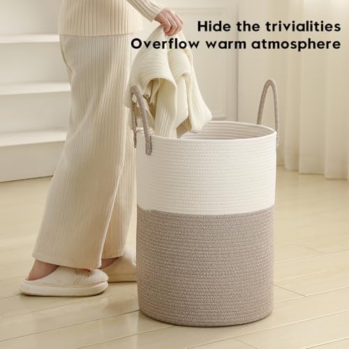 Laundry Basket Hamper Tall Rope Storage Woven for Blanket Toys Dirty Clothes in Living Room Bathroom Bedroom White & Brown 60L/15.8Gal