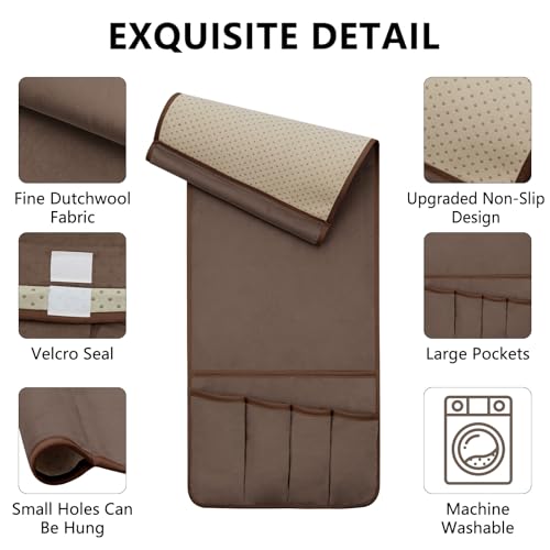 Remote Control Holder for Armchair Caddy, Remote Holder with 5 Pockets | Couch TV Remote Holder with Non-Slip Base, Bedside Caddy Organizer for Key Glasses Phone Magazine (Brown, 35"x12.4")