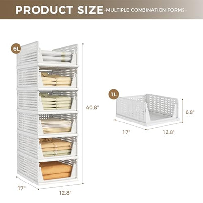 6 Pack Closet Organizer Storage Bins Stackable Plastic Drawer Shelf | Basket for Clothing Stackable Storage Bins Shelf Storage Container for Closet Wardrobe Bedroom Bathroom Office White Foldable