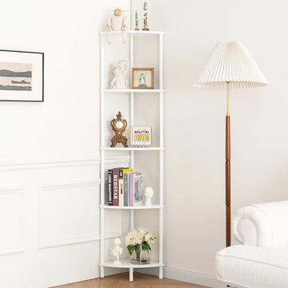 Yoobure Corner Shelf Stand, 5-Tier Bookshelf, 65" Tall Shelves for Bedroom, Living Room, Narrow Display Shelf Bookcase, White Book Shelf with Display Shelves for Office