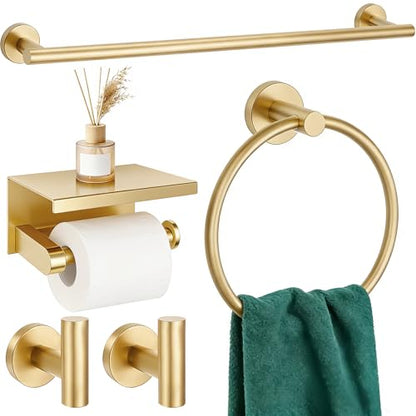 5 Pieces Bathroom Hardware Accessories Set Brushed Gold, 24Inch Bathroom Towel Rack Set SUS304 Stainless Steel, Round Toilet Paper Holder with Shelf Heavy Duty, Wall Mounted