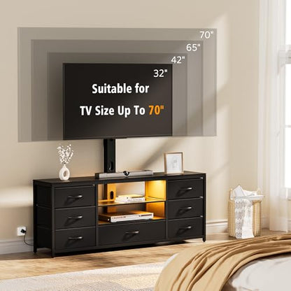 TV Stand with Mount, Entertainment Center for 55 60 65 70 inch TVs | TV Console with Power Outlets & Led Lights, 7 Fabric Drawers, For Living Room, Bedroom, Black Dresser with Open Storage