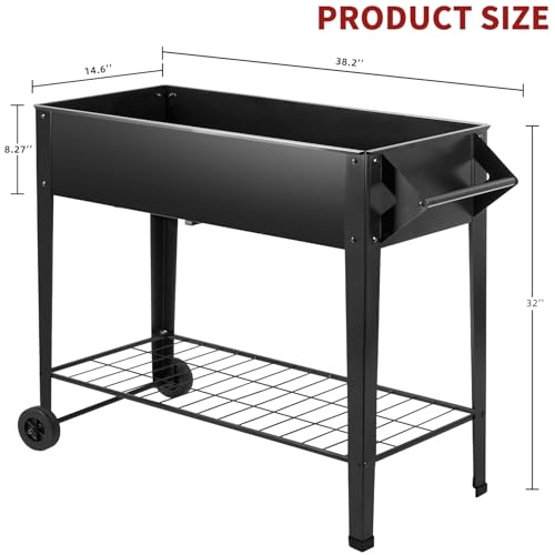 32" Rolling Raised Garden Bed with Wheels, Heavy Duty Metal Elevated Planter Box, Outdoor Flower Cart Plant Stand, Raised Planter with Storage Shelf for Patio Balcony Backyard Growing