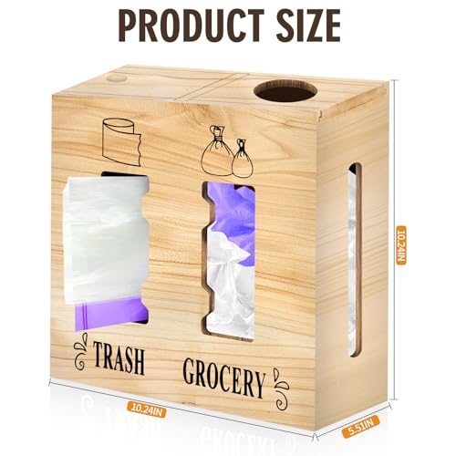 2 in 1 Trash Bag Dispenser and Grocery Bag Holder, Large Wooden Plastic Bag Holder, Wall Mount Trash Bags Holder for Grocery and Plastic Bags, Kitchen and Laundry Room Organization