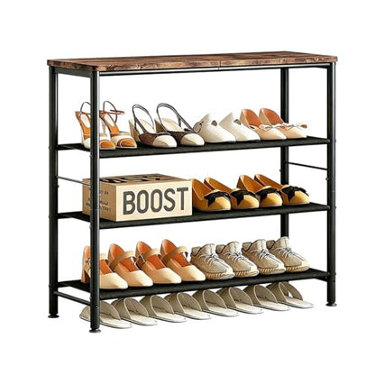 INGIORDAR 4 Tier Shoe Rack Storage Organizer Shelf Top with MDF Board | Space-Saving,with 3 Layer Fabric,stores 16+Pairs of Shoes for Closet,Entryway,Bedroom,Living Room Garage,Black+Rustic Brown