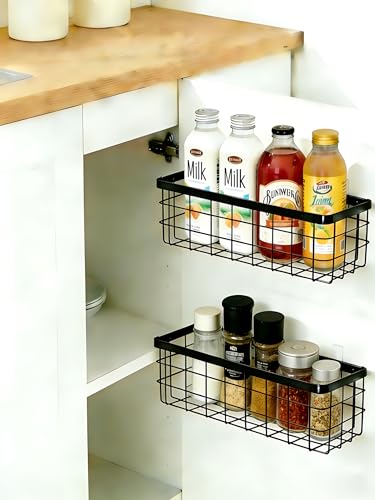 2 Pack Black Adhesive Metal Wire Wall Storage Baskets for Kitchen Bathroom | Drill-free metal baskets fit kitchen, cabinet, shower; usable as spice rack, shower caddy & cabinet storage organizer