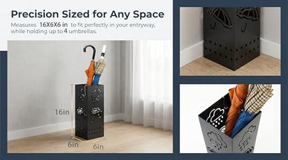 BEWBBAT Umbrella Stand Rack for Entryway, Black Square Metal Umbrella Holder, Free Standing Umbrella Storage Organizer Bin with for Home Office Hotel Decor, 6 x 6 x 17 Inch, Hold 6 Umbrellas