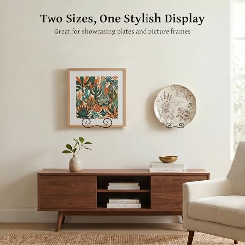 LIONWEI LIONWELI Wall Mount Plate Display Stands - 2 Pack Black Iron Easel Holders - Vertical Wall Hangers for Decorative Plates, Picture Frames, Art