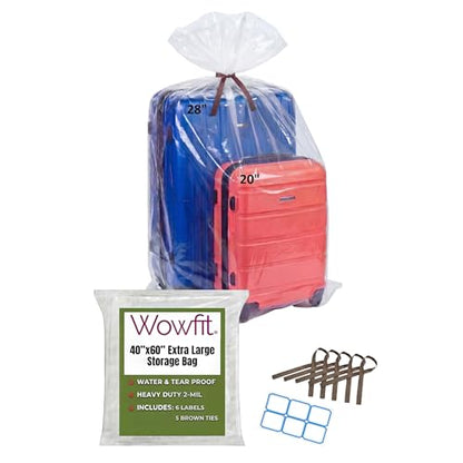 Wowfit Extra Large Storage Bags for Car Seat & Luggage, 40x60, 5 CT, 2 Mil | With Ties & Labels, Clear Flat Plastic, Thick, Patio Cushions, Baby Gear, Christmas Decor, Plants, Attic, Garage, Dust Cover