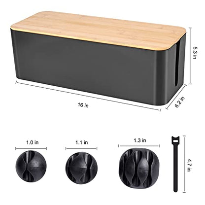 Cable Management Box - Wooden Style Large Cord Organizer to Hide Wires & Power Strips | Desk Computer Cable Organizer | Safe ABS Material | 16" (L) x 6.2" (W) 5.3" (H) | for Home & Office - Black