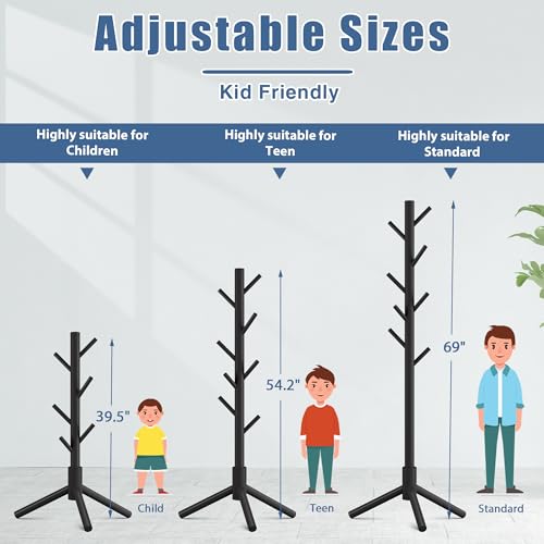Haddockway Wooden Coat Rack Stand with 8 Hooks New Zealand Pine 3 Adjustable Coat Standing Tree Easy Assembly for Coats, Hats, Scarves and Handbags for Entryway, Hallway, Bedroom, Office
