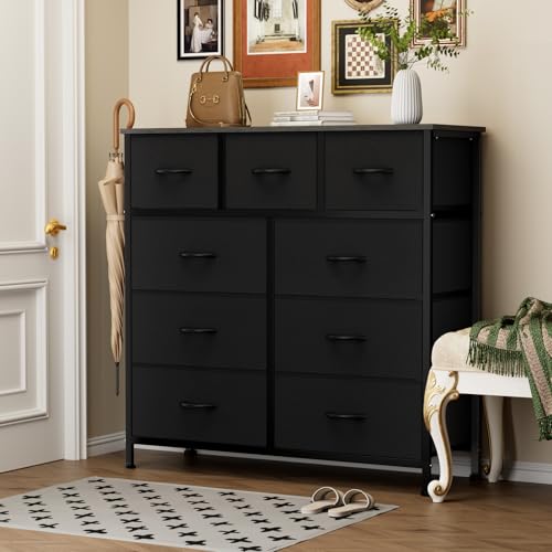 OLIXIS 9 Drawer Fabric Storage Dresser Chest Organizer Unit, Black | Sturdy and lightweight fabric drawers with easy-pull handles. Space-saving versatile organizer for clothes, bedroom