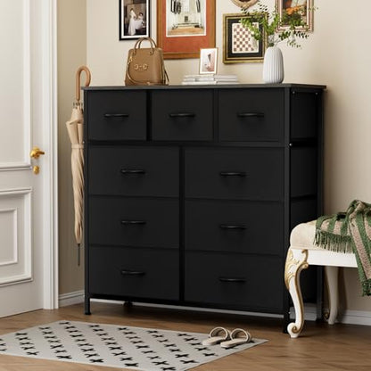 OLIXIS 9 Drawer Fabric Storage Dresser Chest Organizer Unit, Black | Sturdy and lightweight fabric drawers with easy-pull handles. Space-saving versatile organizer for clothes, bedroom