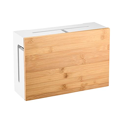Bamboo Cable Management Box with Magnetic Lid - 12,6x7,8x4.3 in - Durable Cable Organizer to Hide Cords & Power Strip - Wall Mountable - Including Hardware - for Home, Office, Desk & More (White)