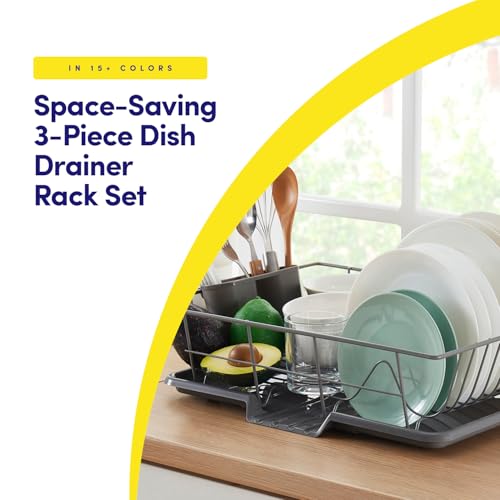 Sweet Home Collection Space-Saving 3-Piece Dish Drainer Rack Set: Efficient Kitchen Organizer for Quick Drying and Storage - Includes Cutlery Holder and Drainboard - Maximize Countertop Space, Gray