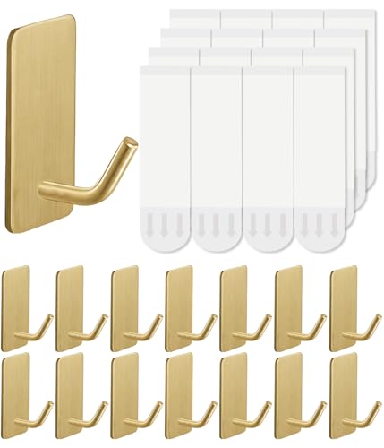 14 Pcs Towel Hooks with Removable Strips for Hanging, Adhesive Wall Hooks Heavy Duty, Outdoor No Damage, Sticky Hook for Bathrooms, Shower, Stockings, Decor, Robe, Small, Gold 304 Stainless Steel